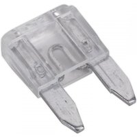 Clear plastic mini blade fuse with two metal prongs, 25A rating, by Sealey, pack of 50.