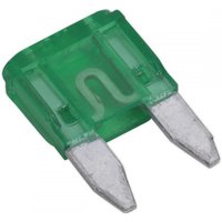 Green Sealey mini blade fuse 30A with transparent casing and metal prongs, pack of 50.