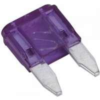 Purple Sealey mini blade fuse with two metal prongs, 3A rating, transparent casing, pack of 50.