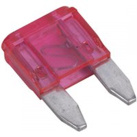 Red Sealey automotive mini blade fuse, 4A, with transparent casing and metal prongs, pack of 50.