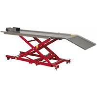 Red hydraulic motorcycle lift with ramp, scissor lift design, and wheels, 450Kg capacity by Sealey.