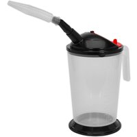 Clear Sealey measuring jug with black lid and flexible transparent spout, featuring a red button and side handle.