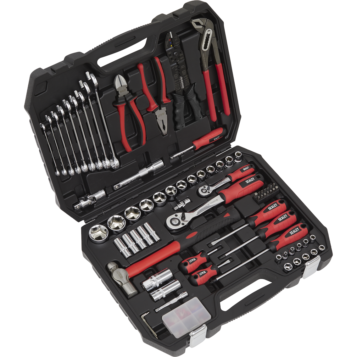 Mechanic's tool kit featuring 100 pieces, including chrome vanadium sockets, pliers, wrenches, and a ratchet, all housed in a sturdy black case with red accents.