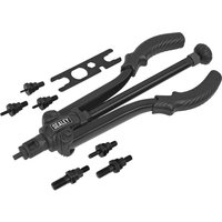 Black Sealey medium arm quick release threaded nut riveter with ergonomic handles and multiple interchangeable heads.