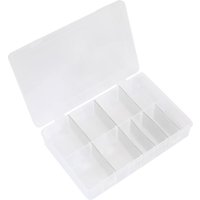 Clear Sealey medium flipbox case with 8 removable dividers, transparent lid, and rectangular compartments.