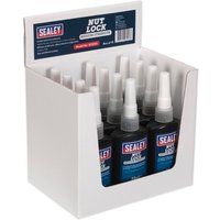 Sealey Medium Strength Nut Lock in blue bottles with white caps, displayed in a white cardboard box.