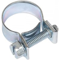 Silver Sealey mini hose clip Ø14-16mm with screw adjustment and smooth band, pack of 20.