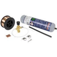 Sealey Mig Welder Consumables Kit with gas cylinder, spool of wire, brass regulator, and copper tips.