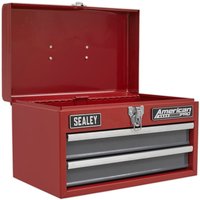 Red Sealey mini tool chest with two silver drawers, open top lid, and secure latch.