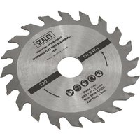 Sealey Mini TCT Circular Saw Blade, silver with sharp teeth and printed specifications on the surface.