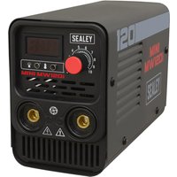 Black Sealey 120Amp MMA inverter welder with digital display and red control dial on front panel.