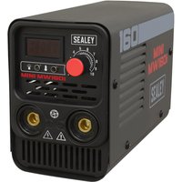 Black Sealey 160Amp MMA inverter welder with digital display, control dial, and dual connectors on the front panel.