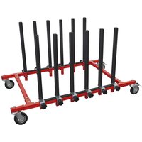 Red Sealey MK76 mobile storage rack with five vertical panels and four caster wheels.