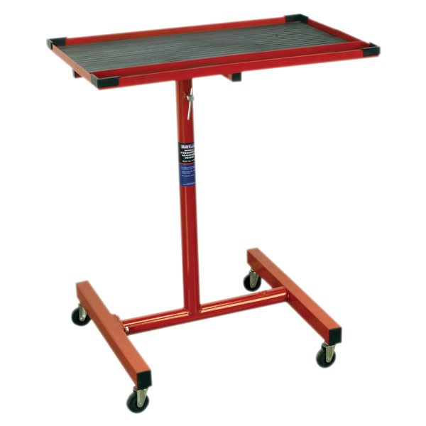 Red mobile workstation with an adjustable height, featuring a ribbed black rubber top and sturdy metal frame on four swivel casters for easy mobility.
