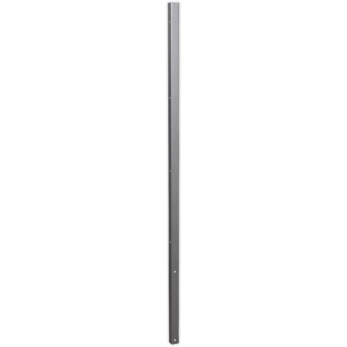 Black metal upright connector with a sleek design, featuring a smooth surface and pre-drilled holes for easy installation in modular systems.