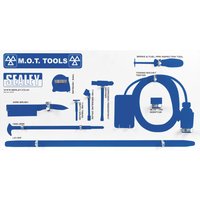 Sealey MOT Tool Shadow Board with blue tool outlines on white background, includes wrenches, hammers, and screwdrivers.