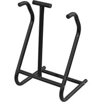Black Sealey motorcycle boots and helmet stand with dual hooks and sturdy base.
