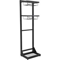 Black Sealey stand for motorcycle boots, helmet, and jacket with wire shelves and sturdy frame.