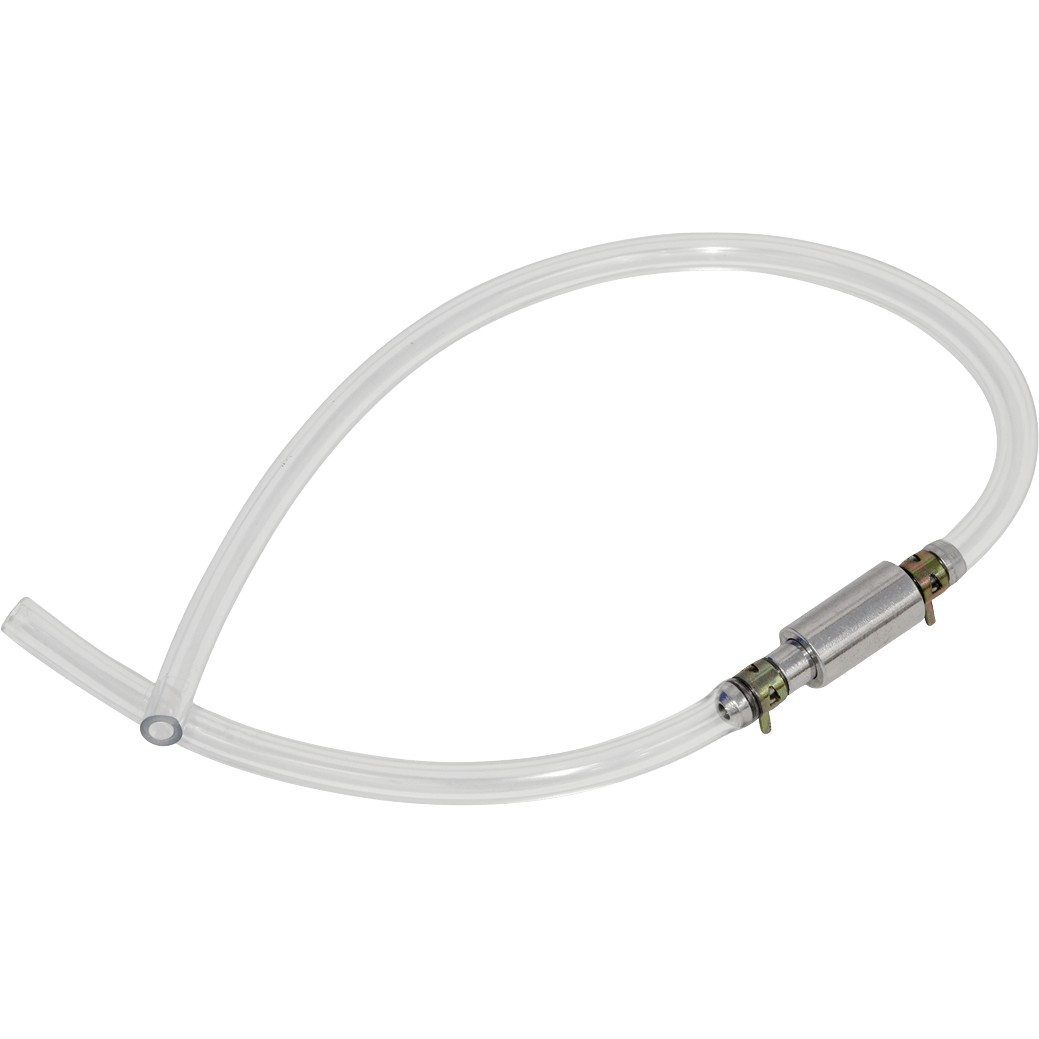 Clear plastic tubing with a silver metal connector, designed for motorcycle brake bleeding, featuring a one-way valve for efficient fluid removal.