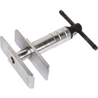 Sealey motorcycle disc brake piston spreader tool with silver metal plates and black T-handle.