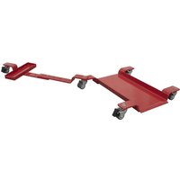 Red Sealey motorcycle dolly with rear wheel and side stand, featuring four swivel casters and adjustable frame.
