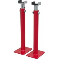 Red Sealey motorcycle swingarm stands with adjustable height and square bases.