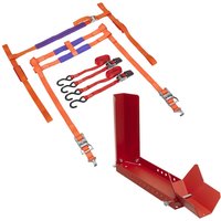 Red motorcycle wheel chock with orange ratchet straps and hooks for secure transportation.