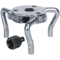 Sealey oil filter claw wrench with adjustable silver metal arms and black adapter, fits Ø43-102mm filters.