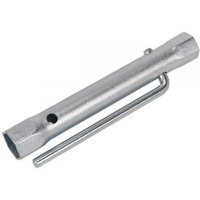 Sealey double end long reach spark plug box spanner, silver, with 18/21mm sockets and L-bar handle.
