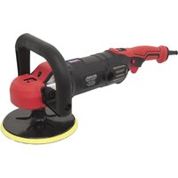Red and black Sealey variable speed sander polisher with ergonomic handle and 180mm disc.