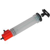 Clear Sealey syringe with red and black accents, Viton seal, designed for oils and fluids.