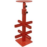 Red Sealey metal shaping station with adjustable height, round top, and cross-shaped supports for T-Dollies and sandbags.