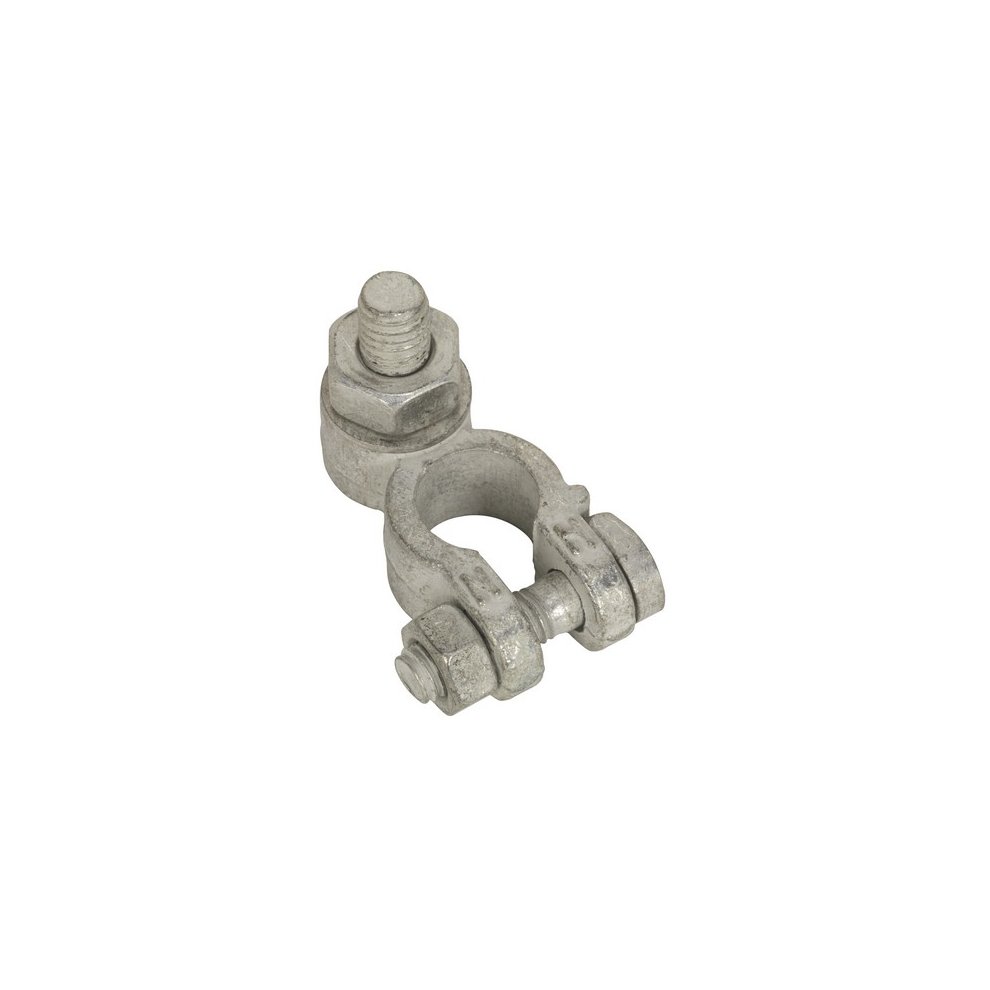 Silver metal battery terminal connector with a post, washer, and nut, designed for 24V negative connections, featuring a sturdy clamp for secure attachment.