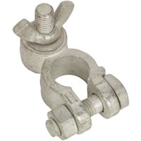 Sealey negative battery terminal with silver post, washer, and wing nut, featuring a clamp design for secure connection.