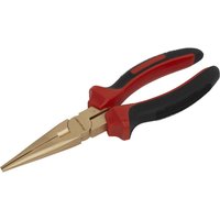 Sealey non-sparking long nose pliers with brass finish and red-black rubber grips.