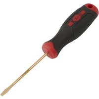 Non-sparking slotted screwdriver with a brass blade and black and red ergonomic handle.