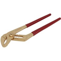 Sealey non-sparking waterpump pliers with brass finish and red rubber grips.