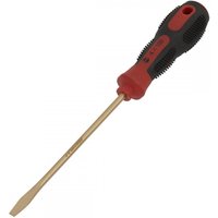 Sealey NS093 slotted screwdriver, 4x100mm, non-sparking, brass shaft, black and red ergonomic handle with textured grip.