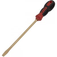 Non-sparking Sealey screwdriver, slotted 8x200mm, with a brass shaft and black-red ergonomic handle.