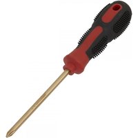 Non-sparking Phillips #2 screwdriver, 100mm brass shaft, red and black ergonomic handle with textured grip.