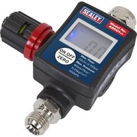 Sealey digital air pressure regulator with LCD display, black body, red and black adjustment knob, metallic connectors.