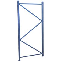 Blue metal racking end frame with vertical posts and diagonal crossbars for stability.