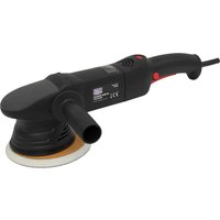 Black Sealey OP750 orbital disc polisher with 150mm pad, ergonomic handle, and power cord.