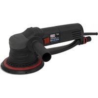 Black Sealey OS600 random orbital sander with red accents, 150mm disc, ergonomic handle, and 600W power cord.