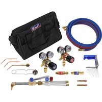 Sealey Oxy Acetylene kit with black bag, hoses, gauges, torch, and cutting attachments.