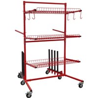 Red Sealey panel train parts cart with three mesh shelves, hooks, and caster wheels.