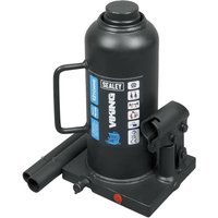 Black Sealey PBJ12S bottle jack with handle, 12-tonne capacity, and blue label on cylindrical body.
