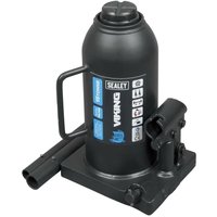 Black Sealey PBJ15S bottle jack with handle, 15-tonne capacity, and blue branding on a square base.