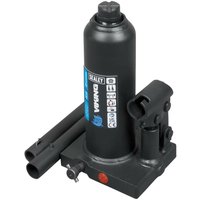 Black Sealey PBJ2S bottle jack, 2 tonne capacity, with blue label, hydraulic lift, and detachable handle.
