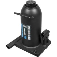 Black Sealey PBJ30S bottle jack, 30-tonne capacity, cylindrical body, handle, and base with blue and white labeling.